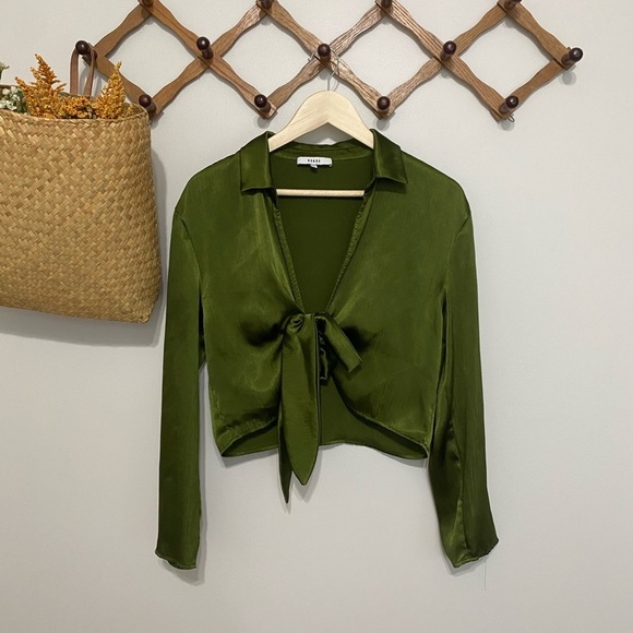 Ro & De Satin Olive Tie-Front Blouse - Picture 1 of 5